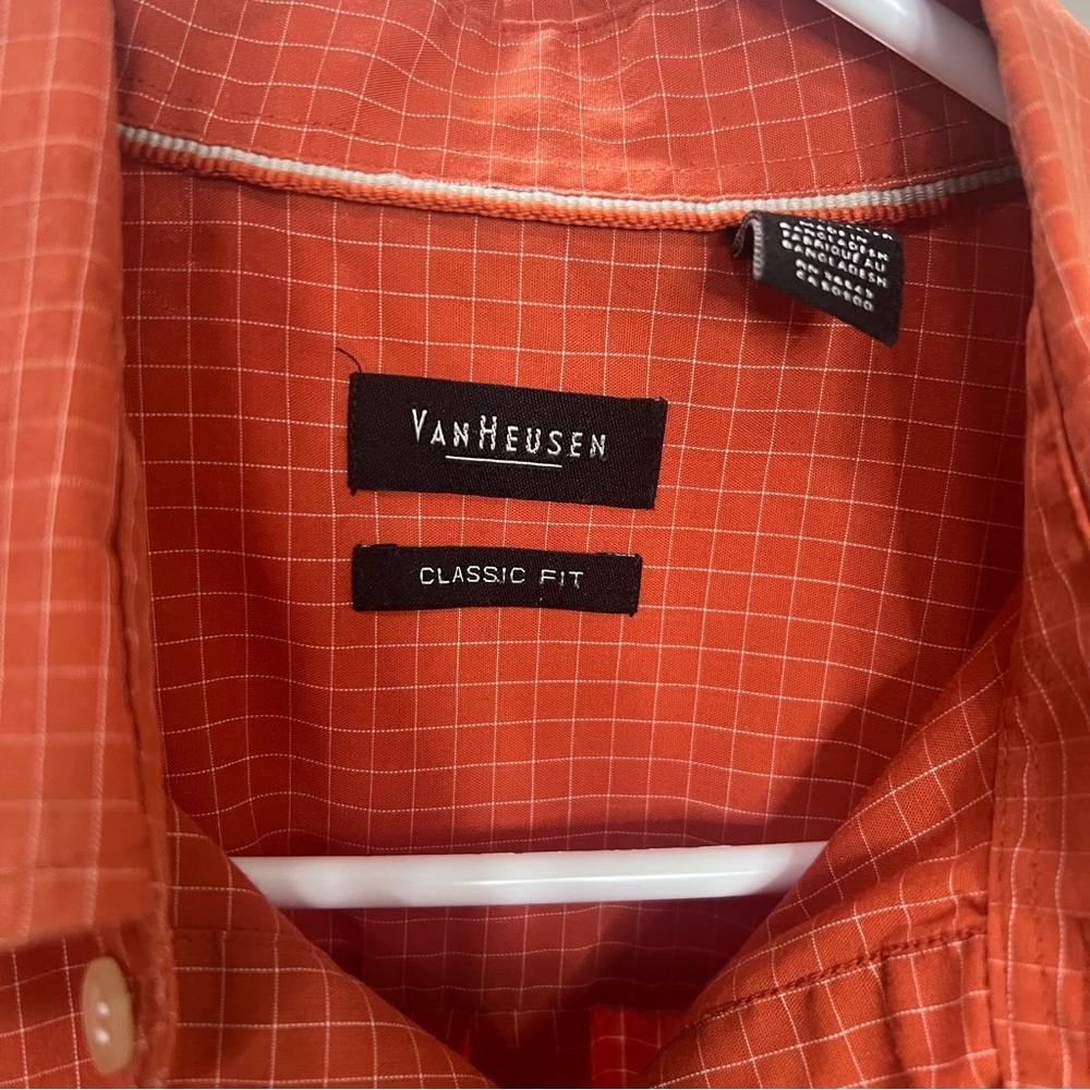 VAN HEUSEN Orange Checkered Casual Button Down Shirt Short Sleeve Classic Fit M - Picture 6 of 8
